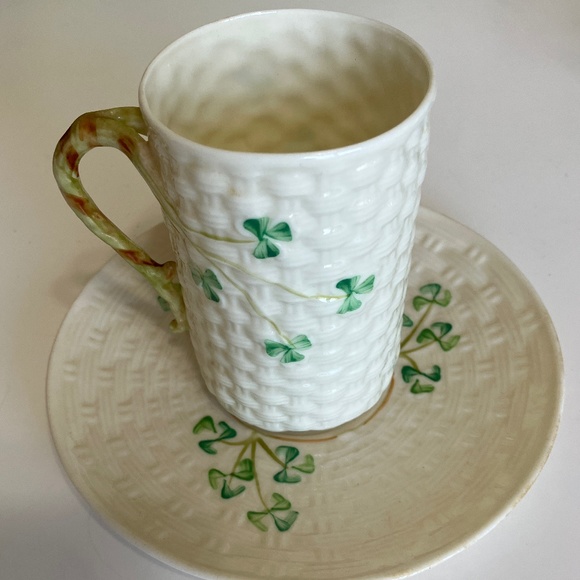 Belleek Other - ☘️VINTAGE BELLEEK IRELAND 1965-1980 (6th mark) BASKETWEAVE SHAMROCK CUP & SAUCER